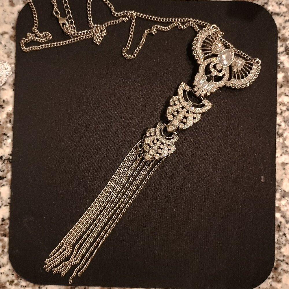 Egyptian style elegant clear stone long dangle necklace preowned